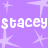 Purple background with light purple stars and white pixelated text reading "stacey" in two instances.
