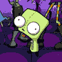 Animated sequence of a green cartoon character with large white eyes and black pupils, performing various poses against a purple background with dark figures.