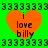 Four orange hearts with 'i love billy' text on a green background, surrounded by repeating black 3s.