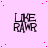 Pink background with scattered red dots and repeated black text "LIKE RAWR" in a pattern