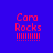 Blue background with red text 'Cara Rocks' and exclamation marks, overlaid by a horizontal red bar in different positions across frames.