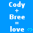 Blue background with repeated white text 'Cody + Bree = love' and light blue heart symbols, showing animation where the bottom 's heart symbol changes from solid to outlined