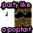 A pixelated icon with text "party like a poptart" and musical notes, showing two color variations of the same design.