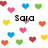 Pixelated heart-shaped icons in multiple colors surround text elements on a white background.