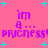 Pixelated text on pink background with cyan stars, repeating 'im a ... pricness! pricness!' in purple letters.