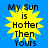 Four identical yellow starburst shapes with black text reading "My Sun is Hotter Then Yours" on a solid blue background.
