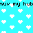 Pixelated cyan background with white heart shapes and black text reading "muv my hub" repeated across the image.