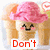 A pixelated ice cream cone with pink scoop and smiling face, displaying text "Don't eat me!!!"