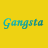 Yellow background with three of blue text reading 'Gangsta' in a cursive font, each containing three identical instances