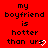Red background with black pixelated text reading 'my boyfriend is hotter than ur' and a white heart outline, where the heart's right side changes from solid black to white.