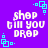 Pixelated text "shop till you drop" in white on purple background with cyan square accents, repeated in a pattern