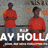 Two figures in red shirts stand against a textured background with partial text, transitioning to black backgrounds displaying 'R.I.P.' and 'JAY HOLL' in orange pixelated font.