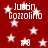 Red background with white stars and repeated text "Justin Gozzolino" and "#8" in pixelated font.