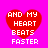 Four identical red heart-shaped icons with white text on a bright pink background, each displaying the phrase "AND MY HEART BEATS FASTER" in pixelated font.