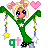 Pixel art contact sheet showing two frames of an animated AIM buddy icon featuring a blonde cartoon character in green outfit with pink heart and star decorations, displaying color changes between frames.