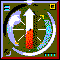 Animated sequence of a white hammer with red handle rotating inside circular frame on dark green background.
