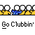 Animated contact sheet showing 12 frames of a pixel art animation featuring stick figures and text "Go Clubbin'" with color-coded character movements across gray and black backgrounds.