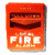 Red fire extinguisher icon with white text 'FIRE' and smaller text below, set against a green background with pixelated green text reading 'Original Icons .com'.