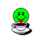 Green circular head with black eyes and red tongue extends over white teacup on saucer, dark liquid inside cup.