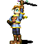 Pixelated character with orange hair and blue eyes holds a black staff with purple and green gems, wearing blue and yellow armor over dark pants and brown boots.