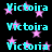 Cyan text 'Victoria' repeated across a black background with pink stars, each star having a soft glow effect.