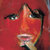 Pixelated close-up of a face with red background, showing eyes, nose, mouth, and dark hair strands.