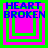 Four identical pixelated display "HEART BROKEN" text over nested squares in bright green and pink with blue lettering