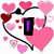 Pixelated heart-themed animation with pink and red hearts surrounding a central black outline, displaying text changes from 'I' to 'love' to 'daria'.