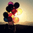 A person holds a cluster of colorful balloons against a sunset sky, with the sun's glow shifting across frames.