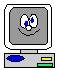 Pixelated computer monitor displays a smiling face with blue eyes; left eye has white cross, right eye has blue dot.