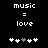 Pixelated text 'music = love' above five heart icons with one grayed-out, displayed on black background.