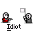 Pixel art animation of a character with white face and red torso holding a flag, showing motion across with text "Idiot" below