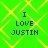 Green background with yellow diamond lattice pattern and black pixelated text reading "I LOVE JUSTIN" in four identical quadrants.
