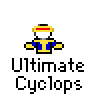 Pixel art animated contact sheet showing a character with yellow headgear and blue-yellow outfit across eight frames, each labeled "Ultimate Cyclops" text below the icon.