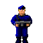 Pixelated character in blue uniform with black belt and cap, holding gray firearm, shown in multiple poses including front, side, and back views with red explosion effect on torso.