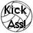 Black text 'Kick Ass!' inside a circular basketball pattern on white background.