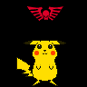 Yellow cartoon mouse with red cheeks and black eyes stands on black background, holding yellow lightning bolt, with red winged skull symbol above head.