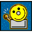 A 4-frame animated contact sheet showing a yellow smiley face with black eyes and gray mouth holding a golden spoon, rotating clockwise against a blue dotted background.
