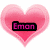 Three pink heart-shaped icons with text overlays: 'Eman' in purple, 'and Justin' in gray, and 'Forever' in red.