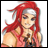 Pixelated anime-style character with long red hair and silver headband, wearing sleeveless pink top, holding microphone against white background.