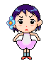 Pixel art character with purple hair and blue flower accessory in multiple poses and expressions on gray background.