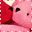 Pixelated red character with black eyes and white triangular nose on pink background, displaying four distinct mouth expressions including heart shapes.