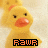 Animated yellow duckling with orange beak and red head marking, displaying 'RAW' text in pixelated font that changes color across frames.