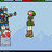 Pixel art characters in green and brown clothing stand against a light blue background with mountain shapes, one character holds a red object.
