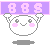Pixelated character with pink cheeks and gray eyes holds a purple banner with pink '888' text, casting a gray shadow on a gray background.
