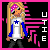 Pixel art character with long blonde hair and pink bandana, wearing white shirt with blue star and blue jacket over black pants, standing against black background with pink diagonal lines.