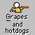 Pixelated character in yellow shirt holding brown object with green and purple items, under text reading Grapes and hotdogs on gray background.