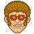 Pixel art of a person with brown curly hair, red-tinted glasses, and visible teeth in a neutral expression against gray background.