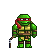 Pixel art character with green skin, red bandana, yellow chest armor, brown straps, and a staff with blue and white stripes.
