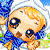 Pixelated cartoon character with blonde hair and blue eyes in four distinct poses against a blue sky background.